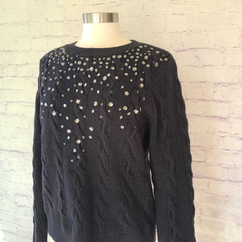 Nordstrom Halogen Soft & Cozy Wool Blend Black Cable Knit Jewel Sweater Medium
